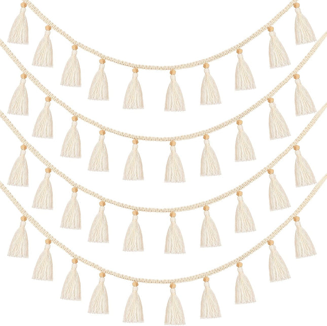 Boho Macrame Tassel Garland Hanging Banner for Classroom Cotton Tassel Home Decor Nursery Room Decorative Wall Woven Hangings for School Supplies Party Decor(4 Pieces,47.2 Inch)