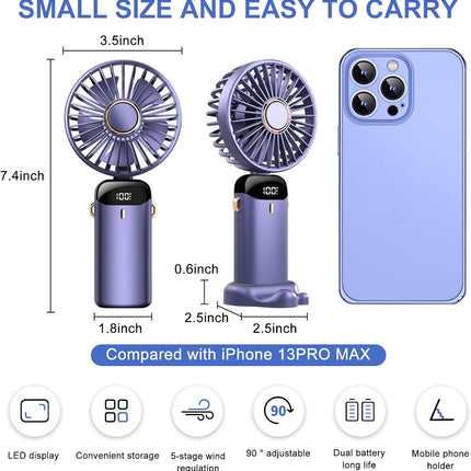 Handheld Fan, Led Power Gear Display Portable Lanyard Fan, 5 Wind Speed Adj Personal Small Desk Fan With Base, Lightweight Makeup