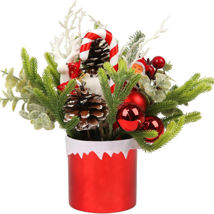 Mini Christmas Tree, Mini Tabletop Christmas Tree Decor for Desk Bedroom Office Home Small Christmas Decorations with Red Christmas Ball Santa Figure Pine Cones for Holiday