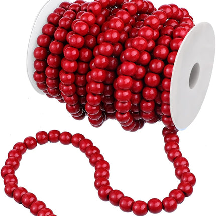 Christmas Wooden Bead Garland Rustic Farmhouse Bead Garland Xmas Tree Bead Ornaments for Christmas Decorations, Total of 26 Feet (Dark Red)
