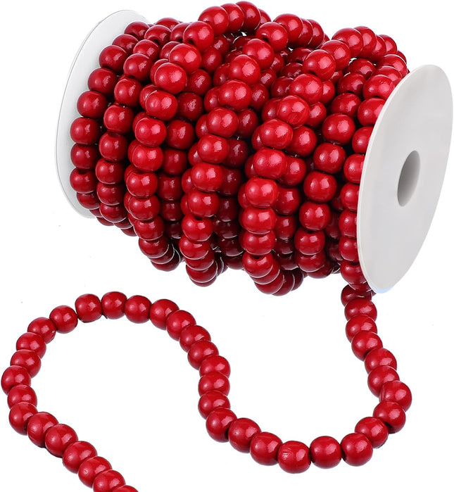 Christmas Wooden Bead Garland Rustic Farmhouse Bead Garland Xmas Tree Bead Ornaments for Christmas Decorations, Total of 26 Feet (Dark Red)