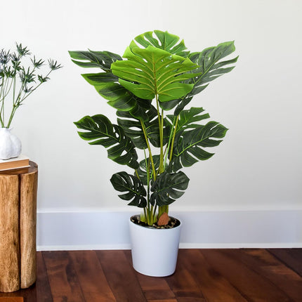 Artificial Monstera Plant 4 Ft Fake Plants with Plastic Pot for Office and Home Decor, Tall Faux Plant for Indoors and Outdoors, Artificial Tree Housewarming