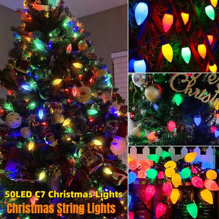 C7 Christmas Lights 50 LED Battery Operated 24Ft C7 Christmas Lights C7 Christmas String Lights Remote Timer 8 Lighting Modes for Indoor Outdoor Room Garden Yard Roof Tree Party Christmas Decor