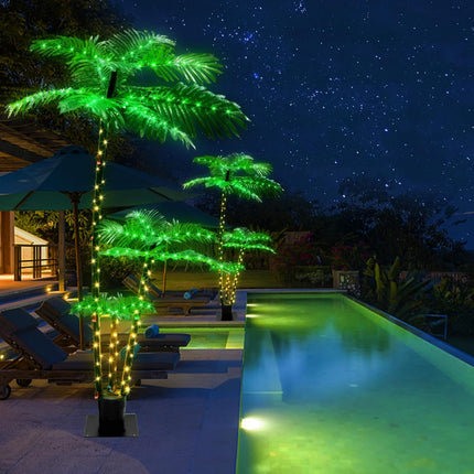 Artificial Palm Tree 6Ft 3Trunks 219LED Christmas Tree 8 Modes Timer Memory Function Lights Fake Plant Tree for Outside Patio Home Pool Yard Patio Hawaiian Office Party Tiki Bar Decor