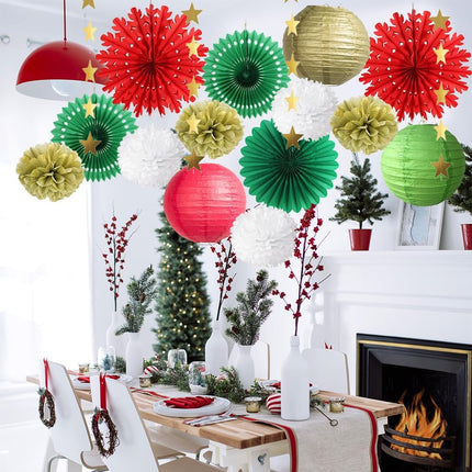 Red Green and Gold Christmas Decorations Snowflake Paper Fans Decorations Hanging Paper Lanterns Tissue Paper Pom Poms Kit with Star Garland Gold for Chritmas Party