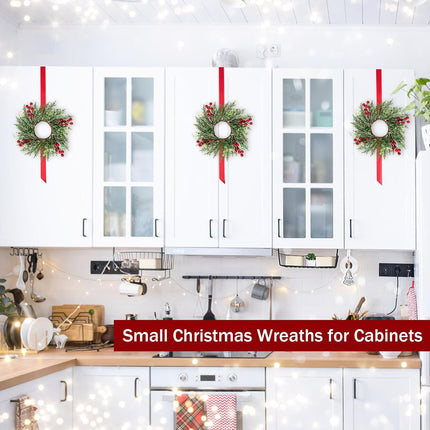 SOMGTING Christmas Candle Rings Wreaths Christmas Kitchen Cabinet Wreaths Mini Xmas Wreaths Table Centerpieces Candle Rings for Pillars Christmas Front Door Window Chair Decorations (4PCS)
