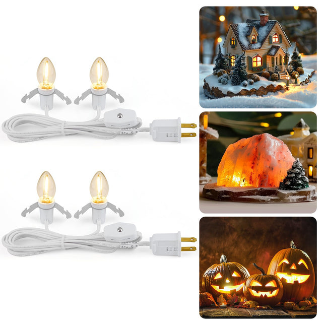 Brightown Accessory Cord with 2 LED Light Bulbs - UL Listed 5 Feet Christmas Village Cords, Rotary Switch, Fused Plug for Crafts, Halloween Pumpkin, Holiday Ornaments, White Cord, Warm White, 2 Pack