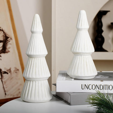 Christmas Decorations, Ceramic Christmas Tree, Small Farmhouse Christmas Decor Trees for Table Top, Mantle, Set of 2 (9.5" H + 7.5" H)