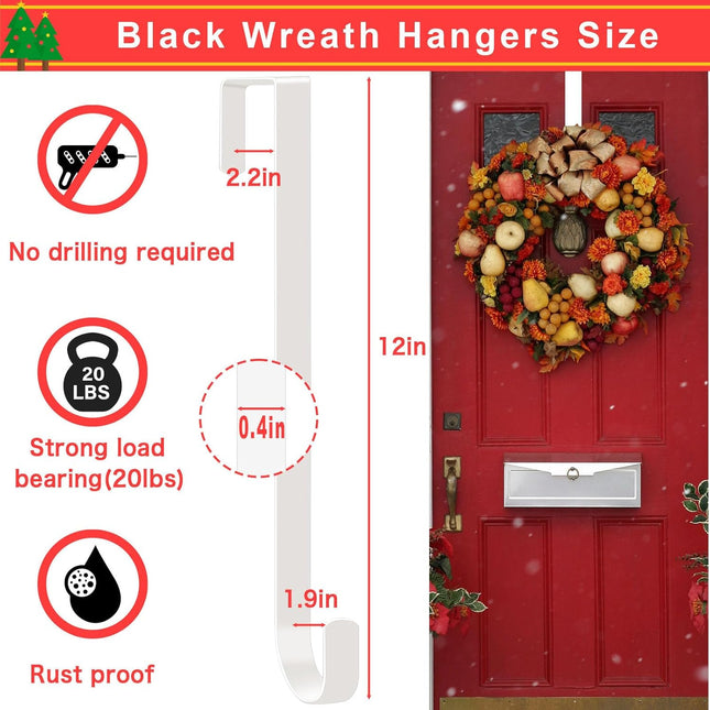 12" Wreath Hangers for Front Door, 4 Pack Over The Door Wreath Hooks Hanger, White Metal Front or Back Door Wreath Holder Hanger Hooks for Hanging Halloween Christmas Front Door Decor Wreath