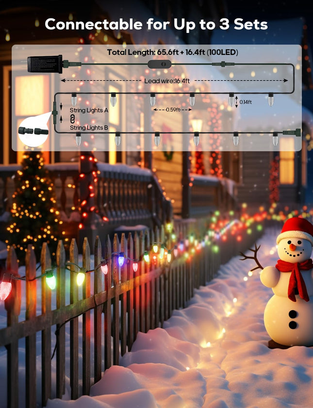 Smart Christmas Lights, C9 RGB 66FT 100LED Strawberry Lights, C9 Color Changing Christmas Tree Light with App Remote, Music Sync, Connectable, Waterproof String Lights for Indoor Outdoor Xmas Decor