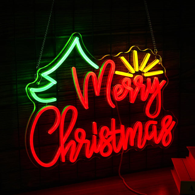 Merry Christmas Neon Sign USB Power Sunshine Light Up Sign Dimmable Christmas Tree Led Neon Light for Christmas Party Year Home Wall Decor (Dimmable USB)