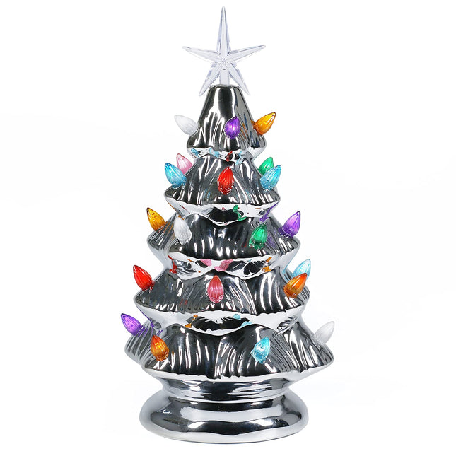 Sunnyglade 11" Ceramic Christmas Tree Tabletop Christmas Tree Lights with 28 Multicolored Lights and 1 Star Toppers for Table Top Desk Classic Series Christmas Decoration (Silver)