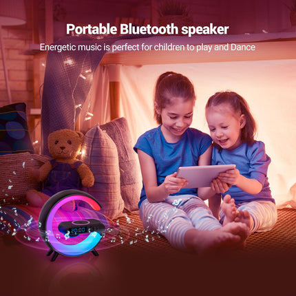 Mini G Type Wireless Charging Atmosphere Lamp with Bluetooth Speaker Alarm Clock Night Light 15W Wireless Charger Speaker for Bedside Lamp Ambient Lighting for Christmas (Black)