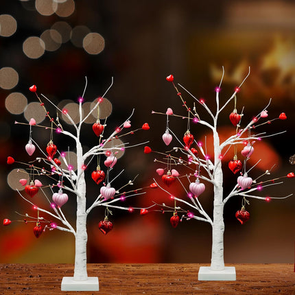 [Red Pink Lights & Timer] Valentines Day 24 Inch Birch Tree Decor with 10 DIY Heart Ornaments 24 Red Pink LED Lights Battery Operated Valentine's Day Decorations for Home Tabletop Party Wedding