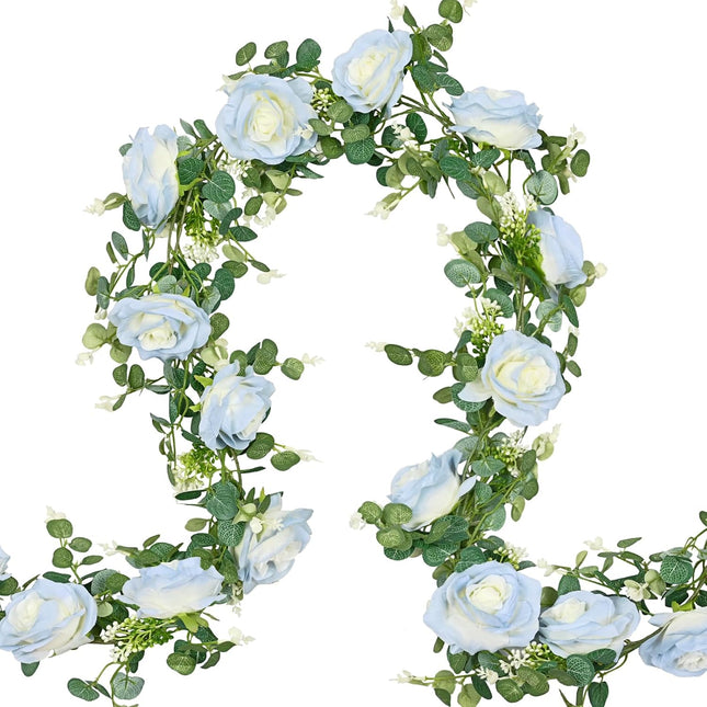 MARTINE MALL 2Pcs 13FT Artificial Eucalyptus Garland with Flowers, Ice Blue Flower Garland Silk Ice Blue Rose Garland Faux Autumn Floral Garland for Table, Party, Wedding, House, Wall Decor