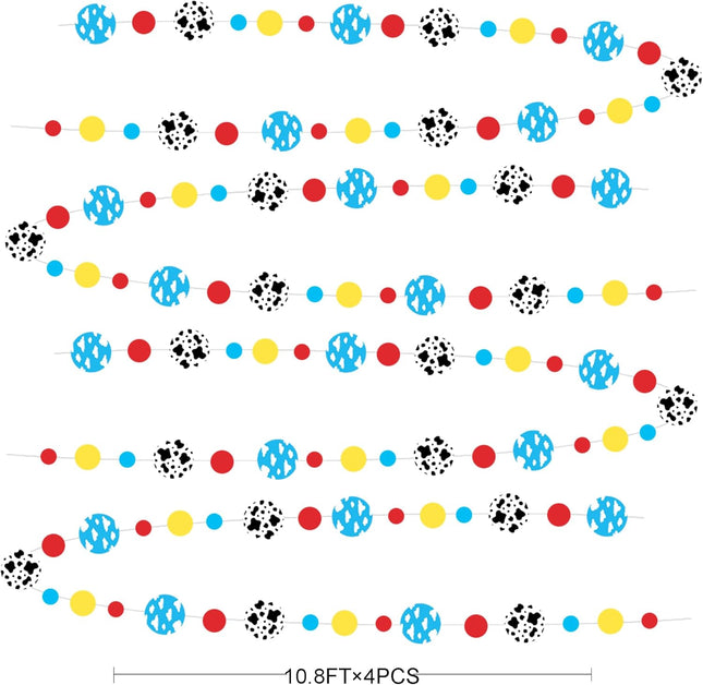 Cartoon Story Party Decorations Blue Yellow Red Circle Dot with Cloud and Cow Print Polka Dots Garland Streamer for Kids Birthday Baby Shower Toy and Story Carnival Theme Party Decorations Supplies