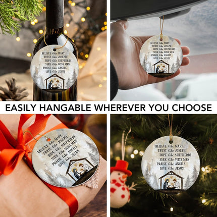Nativity Christmas Ornaments - Believe Like Mary Trust Like Joseph Jesus Christmas Decorations - Round Ceramic Ornament for Christian s, Religious Christmas Ornaments, Nativity Decor