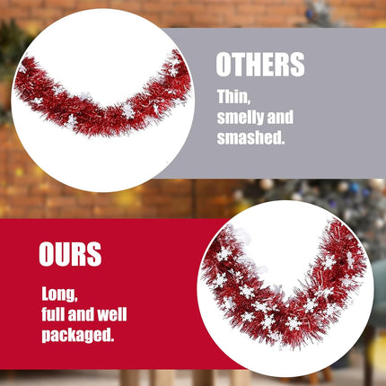 Sggvecsy 32.8Ft Christmas Snowflake Tinsel Garland Xmas Tree Decorations Red Christmas Metallic Twist Garland Ceiling Hanging Decorations for Year Party Birthday Holiday Indoor Outdoor Supplies