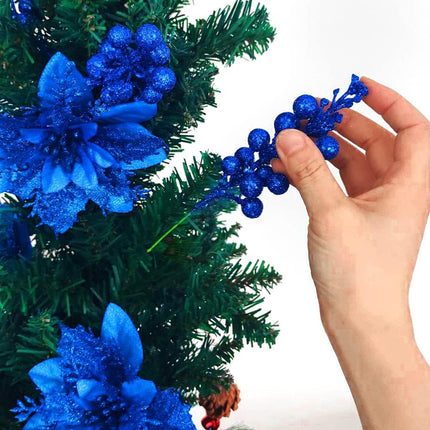 Rainmae 12pcs 5.5in Christmas Artificial Flowers and 12pcs Berry Stems, Royal Blue Glitter Poinsettia Flowers Decorations, Christmas Tree Ornaments for Xmas Wreath DIY Garland Ornaments Wedding Party