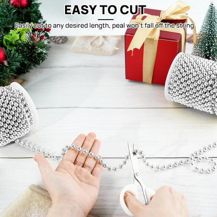53 Feet Christmas Tree Beads Garland, 8mm Artificial Silver Beaded Garland for Christmas Tree DIY, Faux Pearl Strings Bead Roll for Christmas Wreath, Wedding Party, Christmas Tree Decoration(Silver)