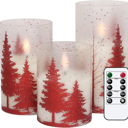 DRomance Christmas Tree Glass Flameless Candles with Remote Timer Battery Operated Real Wax 3D Wick LED Flickering Pillar Candles Christmas Holiday Decor(Red, 3 x 4,5,6 Inch)