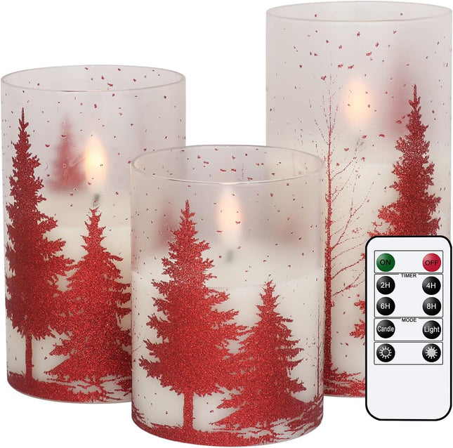 DRomance Christmas Tree Glass Flameless Candles with Remote Timer Battery Operated Real Wax 3D Wick LED Flickering Pillar Candles Christmas Holiday Decor(Red, 3 x 4,5,6 Inch)