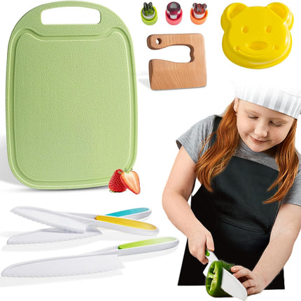 10Piece Toddler Knife Set Kids Safe Knives For Real Cooking, Montessori Kitchen Tools With Cutting Board, Apron, Sandwich Cutter