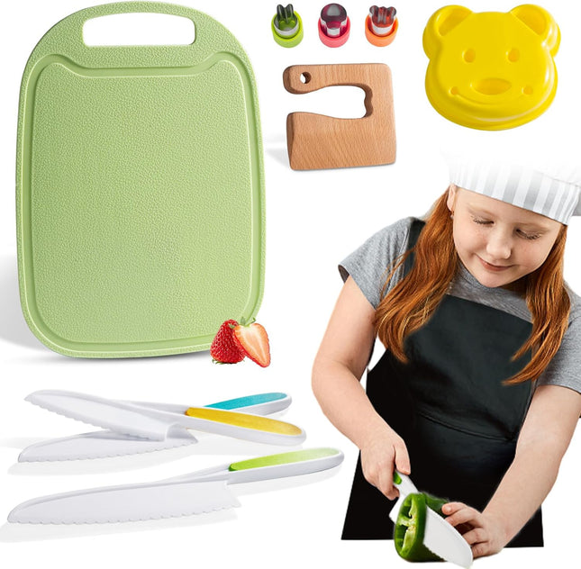 10Piece Toddler Knife Set Kids Safe Knives For Real Cooking, Montessori Kitchen Tools With Cutting Board, Apron, Sandwich Cutter