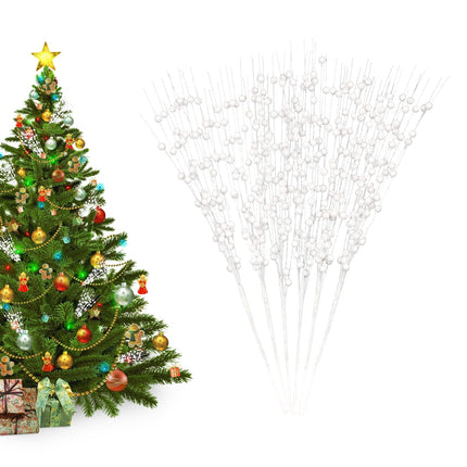 BLEUM CADE 6 Pack White Christmas Tree Decorations, 16" Glitter Berry Stems Ornaments, Christmas Picks Sticks for Christmas Tree Topper Filler Vase DIY Home Decor