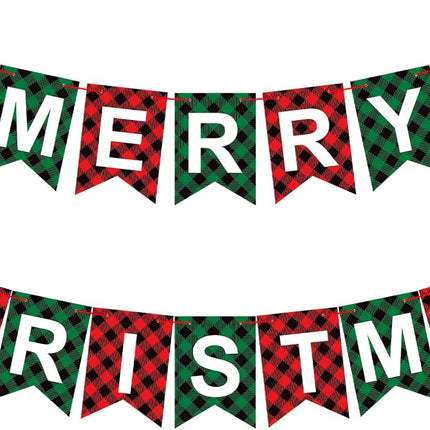 Merry Christmas Banner, Red Green Buffalo Plaid Check Holiday Garland, Rustic Snowflake and Letter Bunting, Fun Wall Mantel Hanging Christmas Decorations for Home, Office, and Xmas Party Supplies