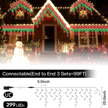 Avatar Controls Programmable Icicle Christmas Lights for Outside Waterproof w/ 58 Multicolor Modes, 32.8ft 299 Smart Color Changing LED Icicle Lights Connectable Music Sync, White & Green Eave Lights