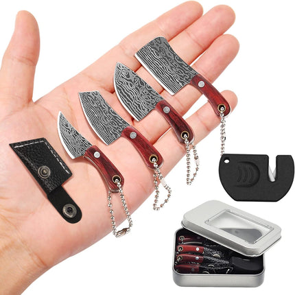 Pocket Knife Mini Knife Set Damascus Chef Knives EDC Knife Set Tiny Knife Cleaver for Package Opener,Box Cutter,5pcs Mini Knives Set with Sheath and Sharpener - Set of 7