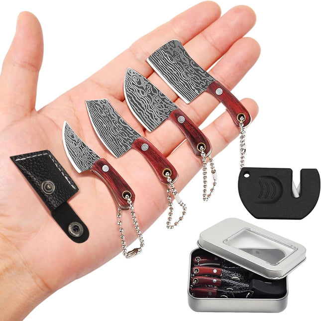 Pocket Knife Mini Knife Set Damascus Chef Knives EDC Knife Set Tiny Knife Cleaver for Package Opener,Box Cutter,5pcs Mini Knives Set with Sheath and Sharpener - Set of 7