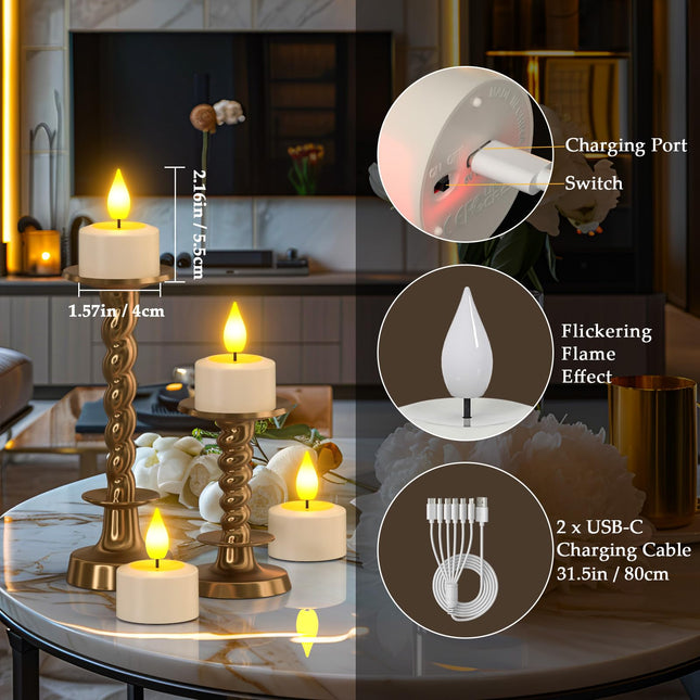 PChero Rechargeable Tea Lights with Remote Timer, 12 Packs Flickering Flameless LED Tealights Candles with 2 USB Charging Cables & Remote for Wedding Xmas Halloween Home Decor