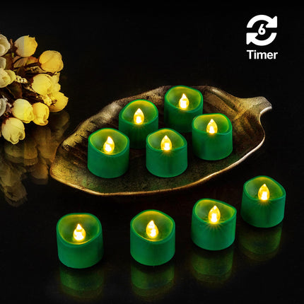 Green Base Warm White Flickering Flame Tea Lights, 6H Timer/Curved Edge Design, Battery Operated LED Flameless Tealight Candles for Party, Christmas and Holiday, Pack of 12