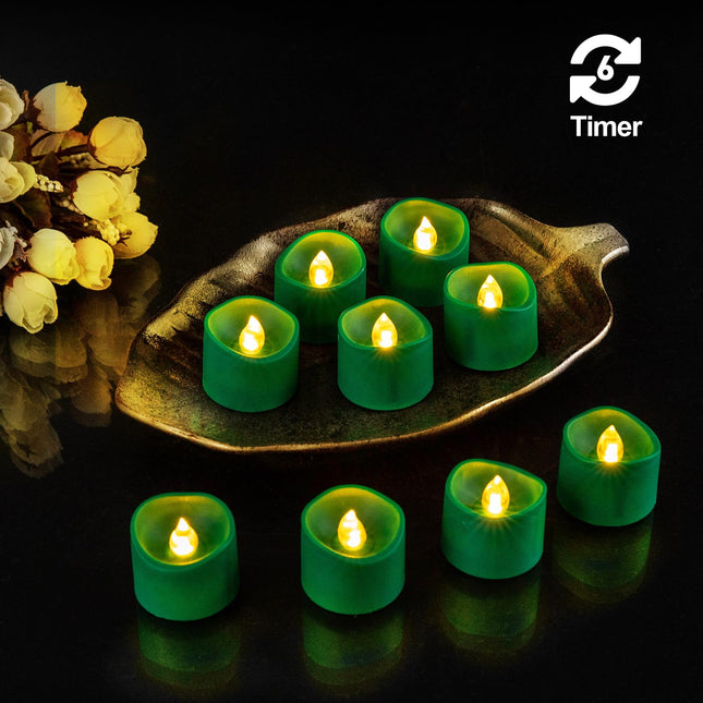 Green Base Warm White Flickering Flame Tea Lights, 6H Timer/Curved Edge Design, Battery Operated LED Flameless Tealight Candles for Party, Christmas and Holiday, Pack of 12