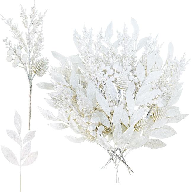 Winlyn 24 Pcs Christmas Artificial Leaf Sprays Pine Needles Pinecone Berries Stems White Glittered Christmas Decoration Picks 12.2"- 14.2" Tall White Christmas Tree Wreaths Wedding Holiday Centerpiece