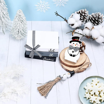 Snowman Wooden Book Stack Decor Set of 5 Christmas Tiered Tray Decor Winter Holiday Mini Book Bundle with Beaded Garland Let it Snow Hello Winter for Shelf Sitter Mantle Table Centerpieces