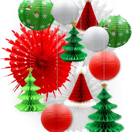 UNIQOOO 14PCS Assorted 3D Christmas Honeycomb Paper Lantern Decoration Garland Set,Celling Hanging Tissue Pine Tree Star, Santa Hat,Snowflake Fan,Japanese Lanterns for Holiday XMAS Party Banner Supply