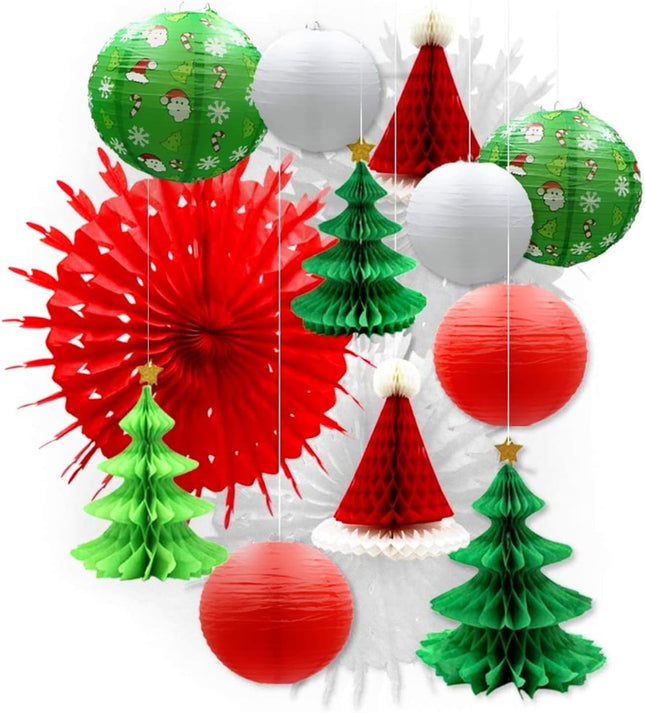 UNIQOOO 14PCS Assorted 3D Christmas Honeycomb Paper Lantern Decoration Garland Set,Celling Hanging Tissue Pine Tree Star, Santa Hat,Snowflake Fan,Japanese Lanterns for Holiday XMAS Party Banner Supply