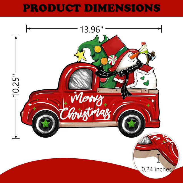 Merry Christmas Red Truck Front Door Sign, Xmas Tree Snowman Wood Door Hanger Outdoor Outside Porch Decor, Funny Winter Holiday Wooden Wreath Indoor Wall Hanging Decoration