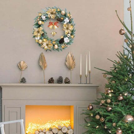 Veryhome Christmas Wreath Lights Winter Wreath, Christmas Wreaths for Front Door, Xmas Wreath with Pinecones and Gold Accents with LED Lights - Perfect for Fireplace Indoor Outdoor Holiday Decor