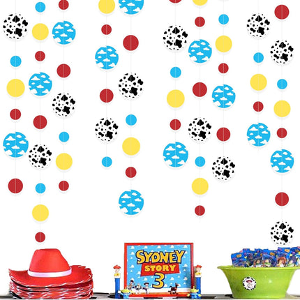 Cartoon Story Party Decorations Blue Yellow Red Circle Dot with Cloud and Cow Print Polka Dots Garland Streamer for Kids Birthday Baby Shower Toy and Story Carnival Theme Party Decorations Supplies