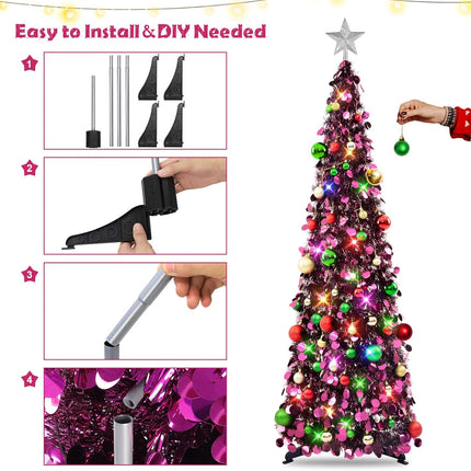 N&T NIETING Pop Up Christmas Tree with Lights & 30 Balls, 5Ft Collapsible Purple Tinsel Christmas Tree Decorations, Pencil Christmas Tree Skinny Christmas Tree for Holiday Xmas Home Office Decor