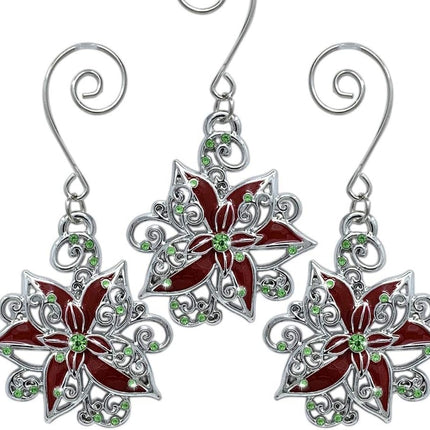 Poinsettia Christmas Ornaments - Set of 3 Silver Filigree Red and Green Jeweled Poinsettias - 2" D