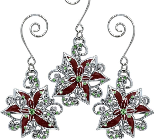 Poinsettia Christmas Ornaments - Set of 3 Silver Filigree Red and Green Jeweled Poinsettias - 2" D