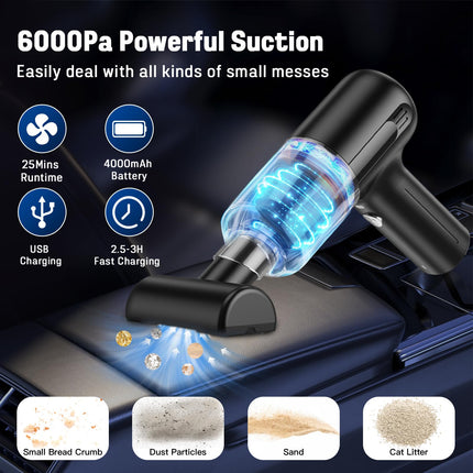 Mini Car Vacuum Cleaner, Handheld Vacuum Cordless,2 In 1 Rechargeable Vacuum Cleaner & Blower,Small Car Vacuum With 6000Pa Suction Power,Dust Buster,Portable Hoover Vacuum For Car Home
