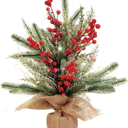 RECUTMS Tabletop Mini Christmas Tree Small Christmas Tree with Lights for Table Faux Miniature Xmas Trees with Red Berries Burlap Base Pine Branches Artificial Trees Indoor Home Decor s
