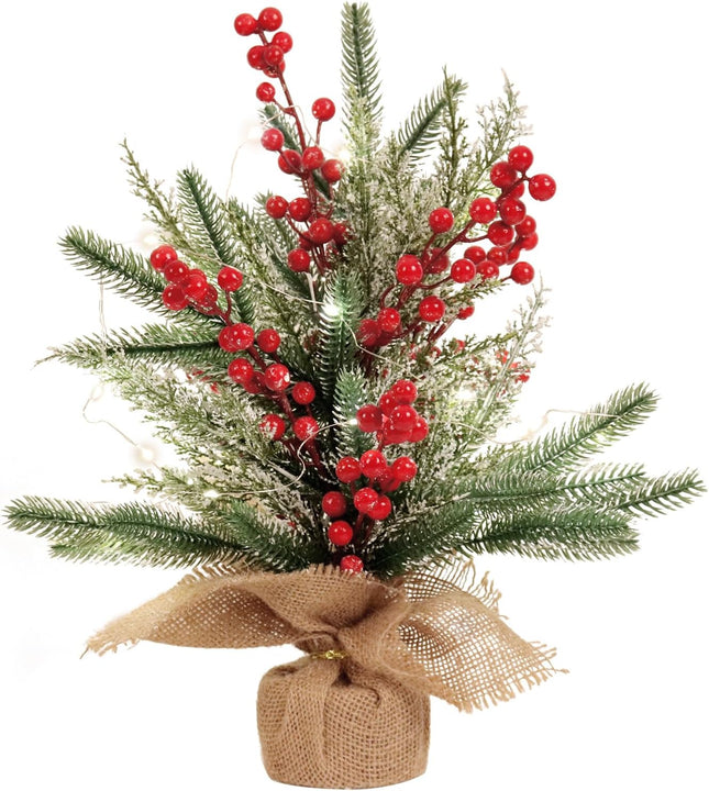 RECUTMS Tabletop Mini Christmas Tree Small Christmas Tree with Lights for Table Faux Miniature Xmas Trees with Red Berries Burlap Base Pine Branches Artificial Trees Indoor Home Decor s
