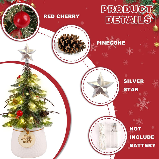 Mini Christmas Tree,ADXORA 14 Inch Small Christmas Tree,Green Christmas Tree with Pinecones and Cherries Christmas Decorations for Festive Indoor Decor